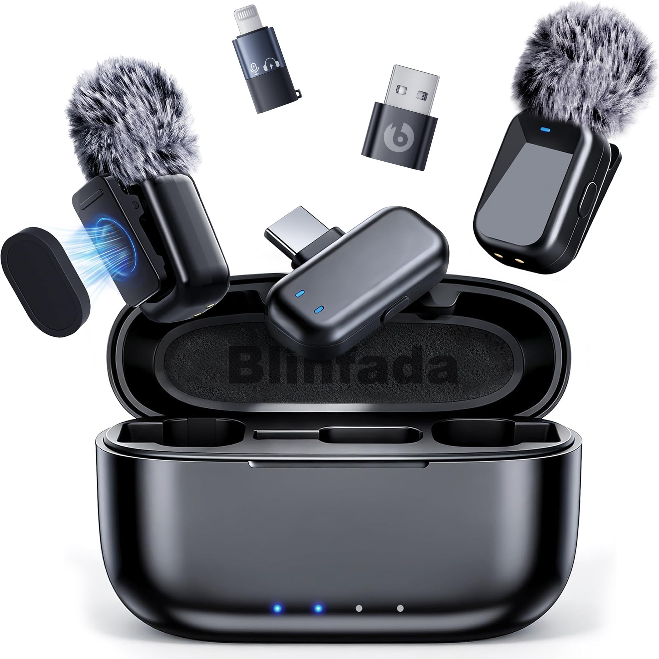 Blinfada front kit shot showing compact dual microphones and case for portable convenience