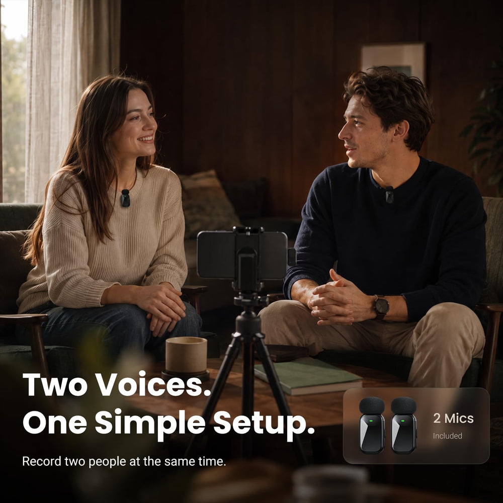 Blinfada mics clipped on collar in use demonstrating clear voice pickup for interviews