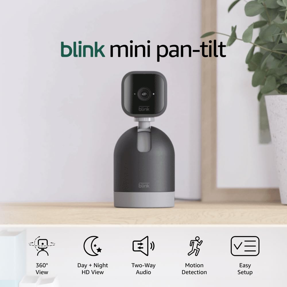 Blink Mini mount close-up showing pan-tilt mechanism, precise positioning benefit