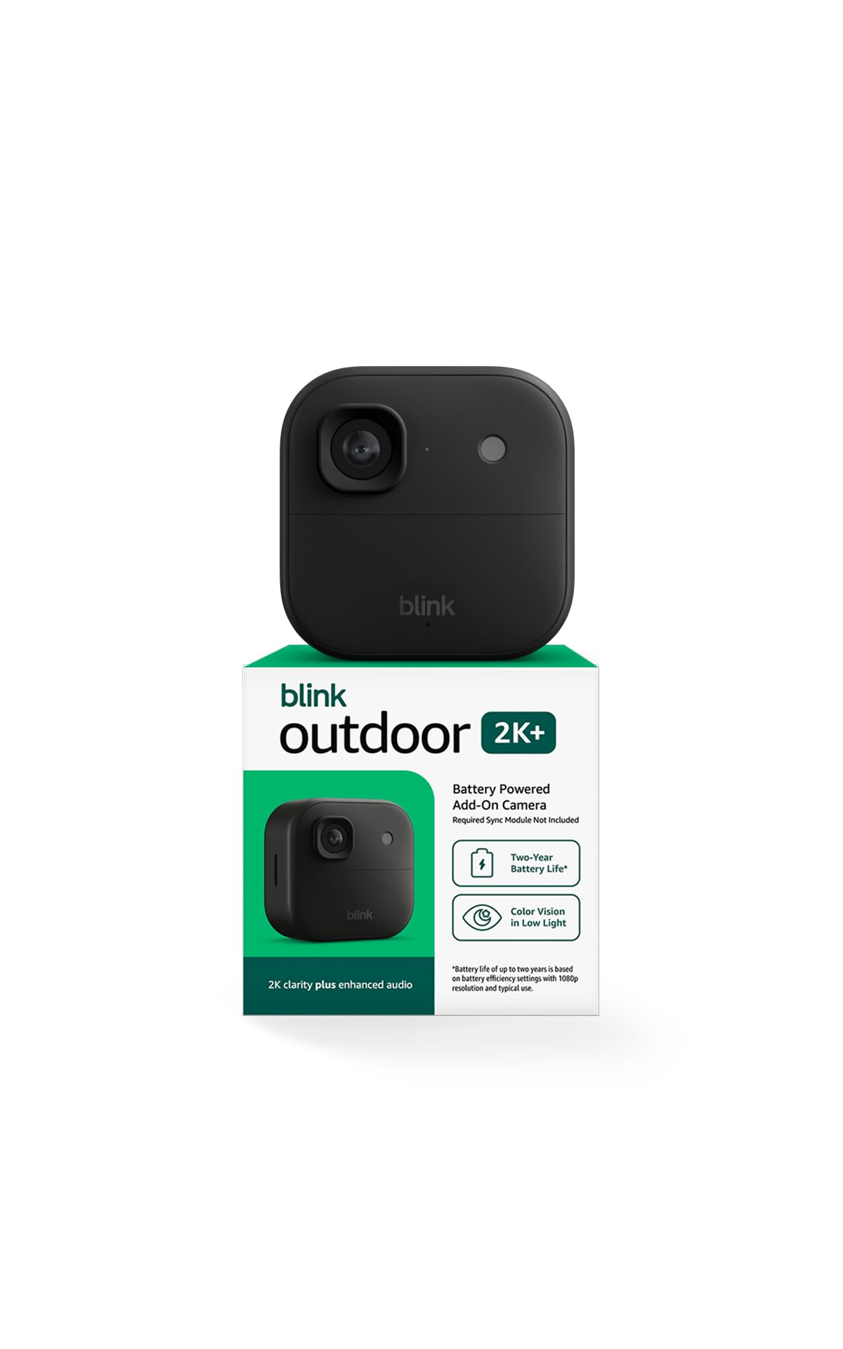 Blink Outdoor 2K+ front view showing camera lens and durable housing for clear security images