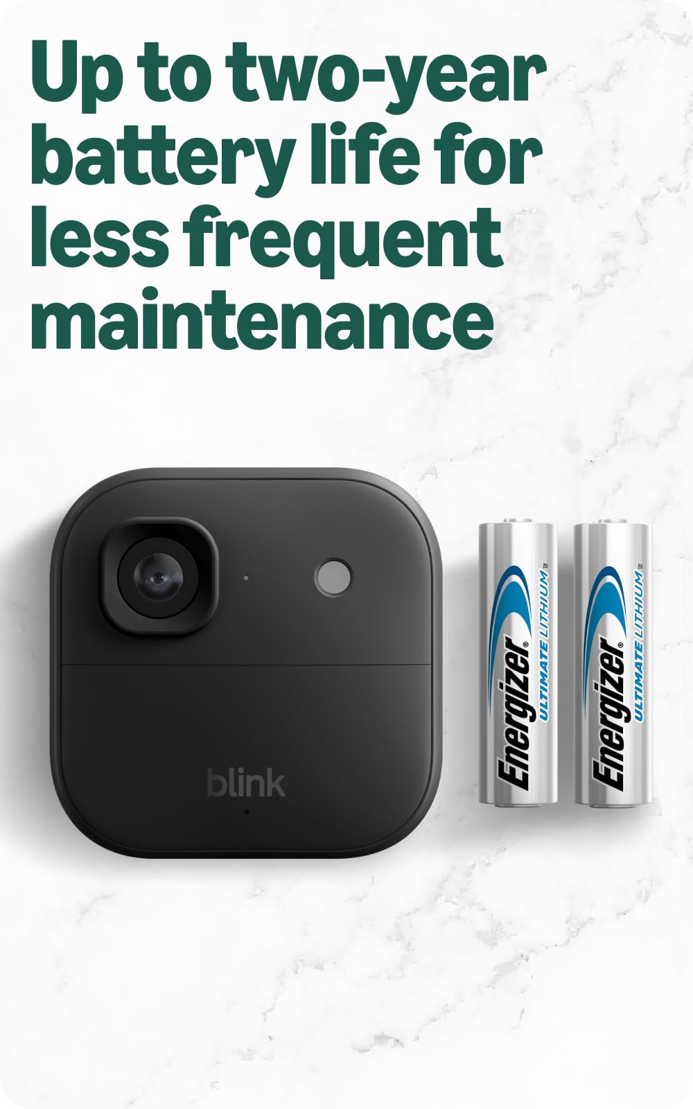 Blink Outdoor 2K+ with batteries and mount showing ready-to-install, long-life power