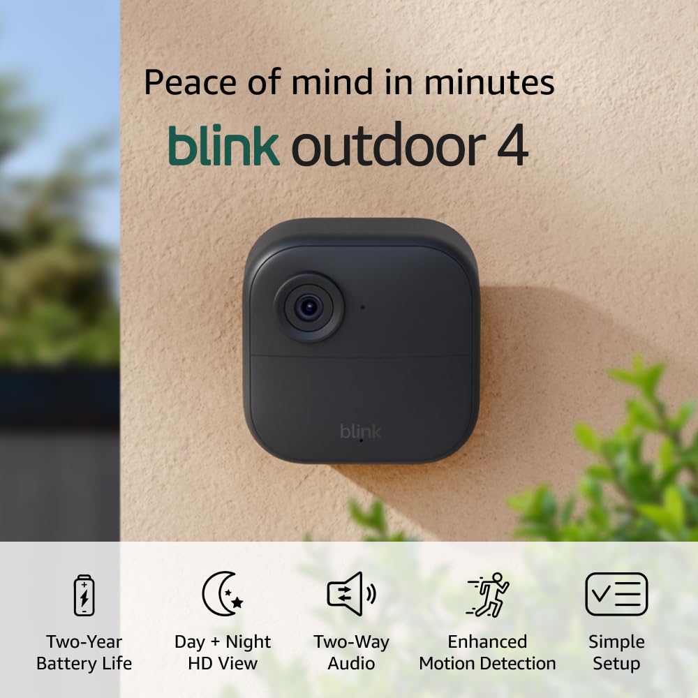 Blink Outdoor 4 mounted on brick wall demonstrating weatherproof installation benefit