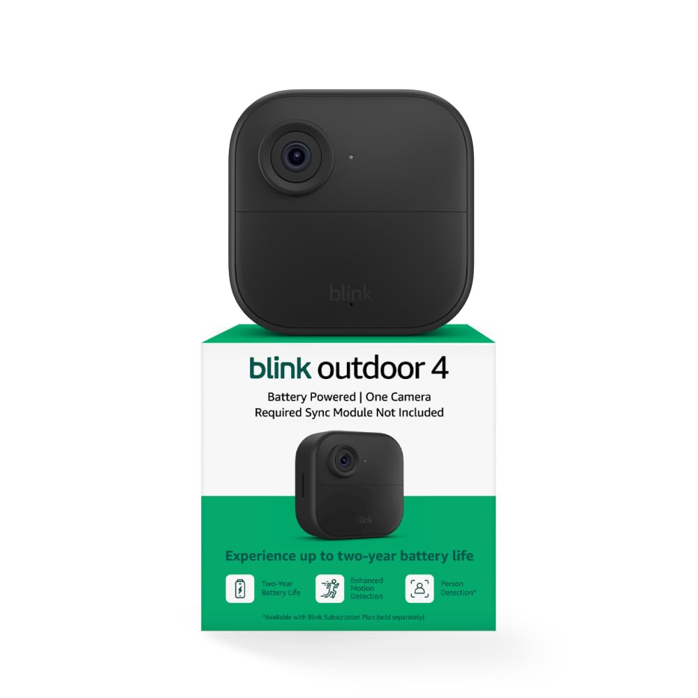 Blink Outdoor 4 front view showing weatherproof design and clear lens benefit