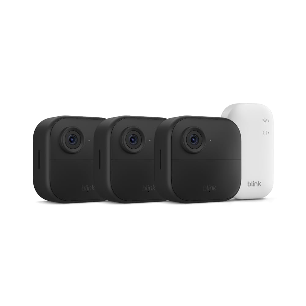 Blink Outdoor 4 three-camera kit front view showing compact housing and mounts for easy installation