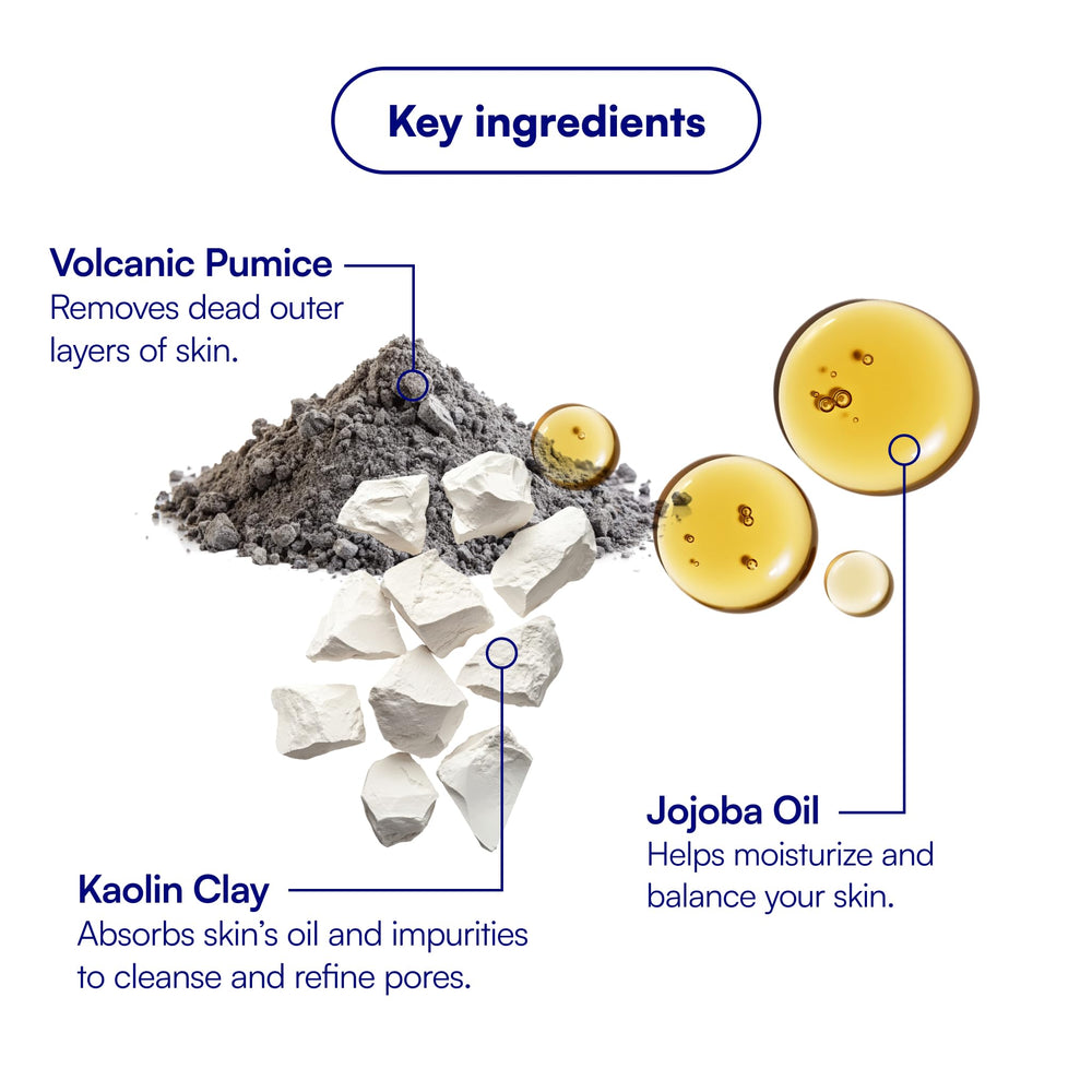 Bliss volcanic pumice particles in hand, illustrates effective exfoliation