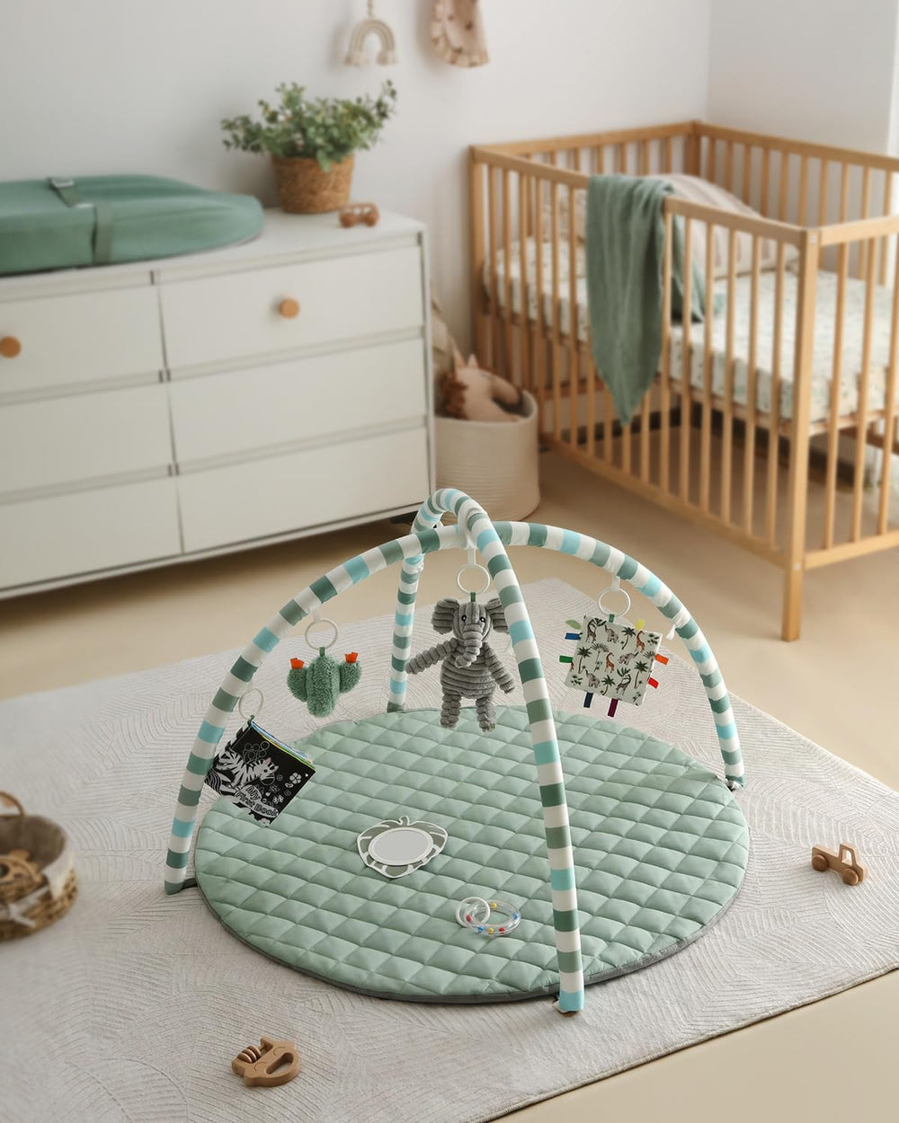 Blissful Diary nursery scene with mat as decor piece blending neutral sage green with modern room