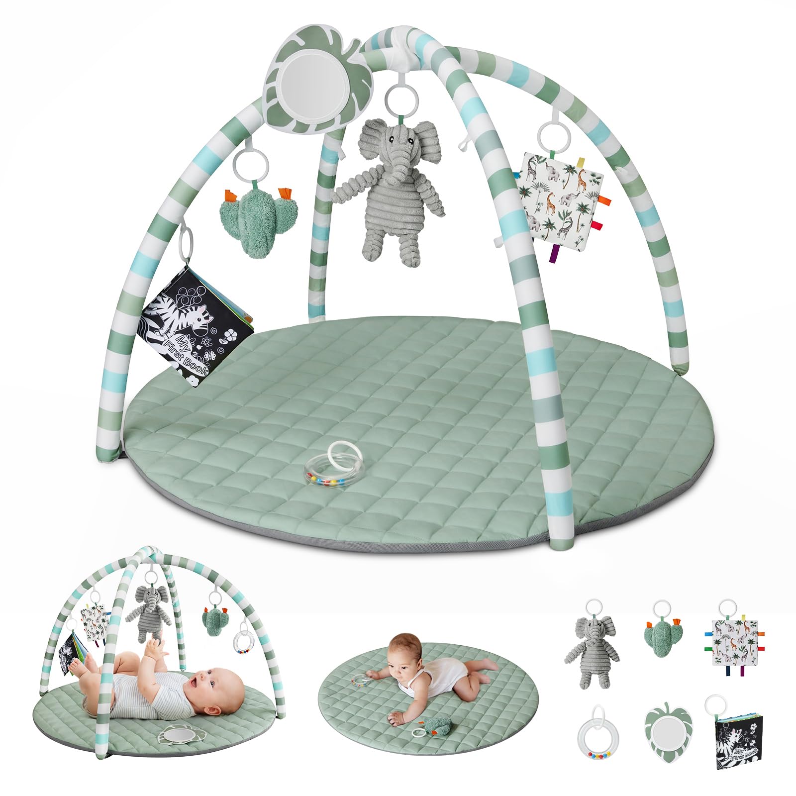 Blissful Diary front view of sage green play gym mat showing full layout and toys promoting exploration