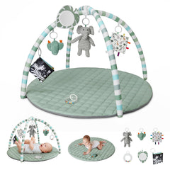 Blissful Diary front view of sage green play gym mat showing full layout and toys promoting exploration