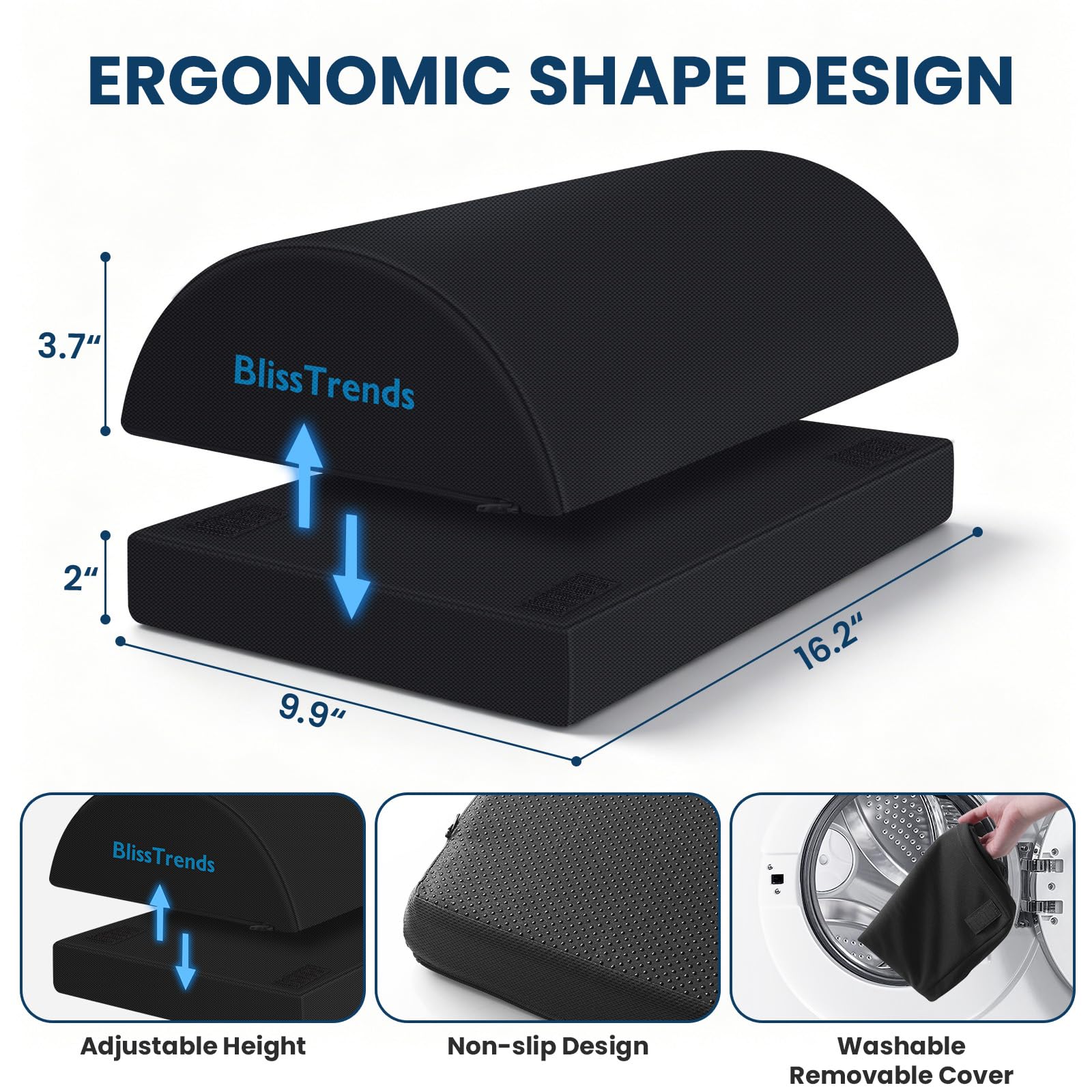BlissTrends foot rest layered detail illustrating adjustable two-height setup benefits