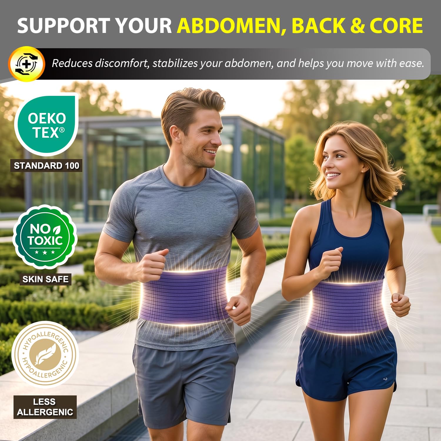 BLITZU lifestyle shot of wearer walking with comfortable hernia support