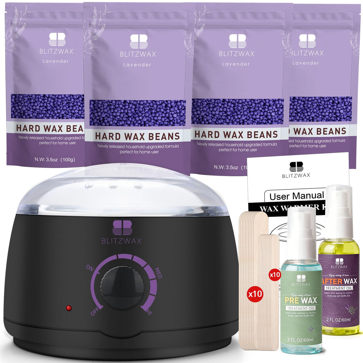 BLITZWAX front packaging showing kit components and benefit of complete at‑home waxing