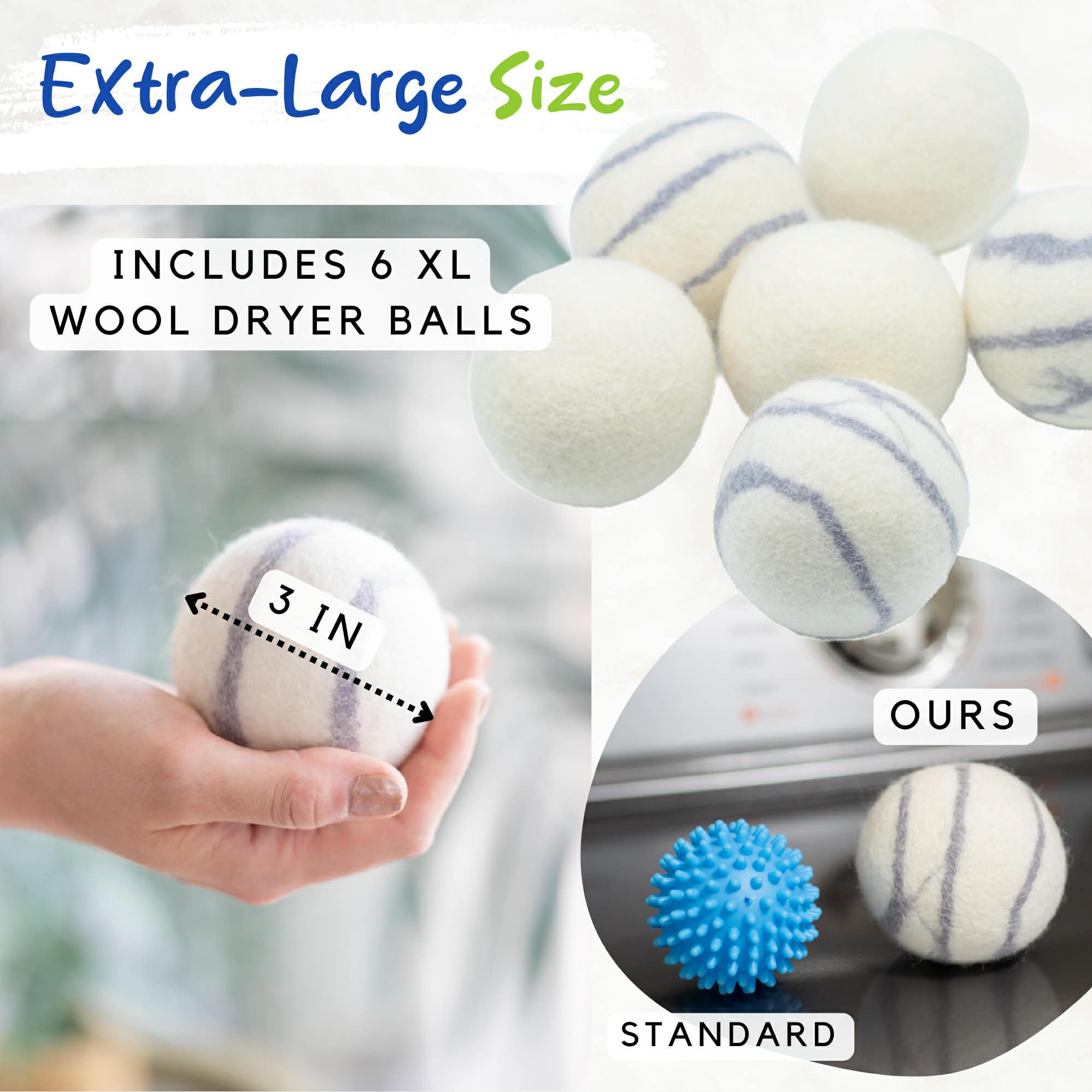 Bloom & Bright dryer ball in hand showing XL size and easy handling benefit