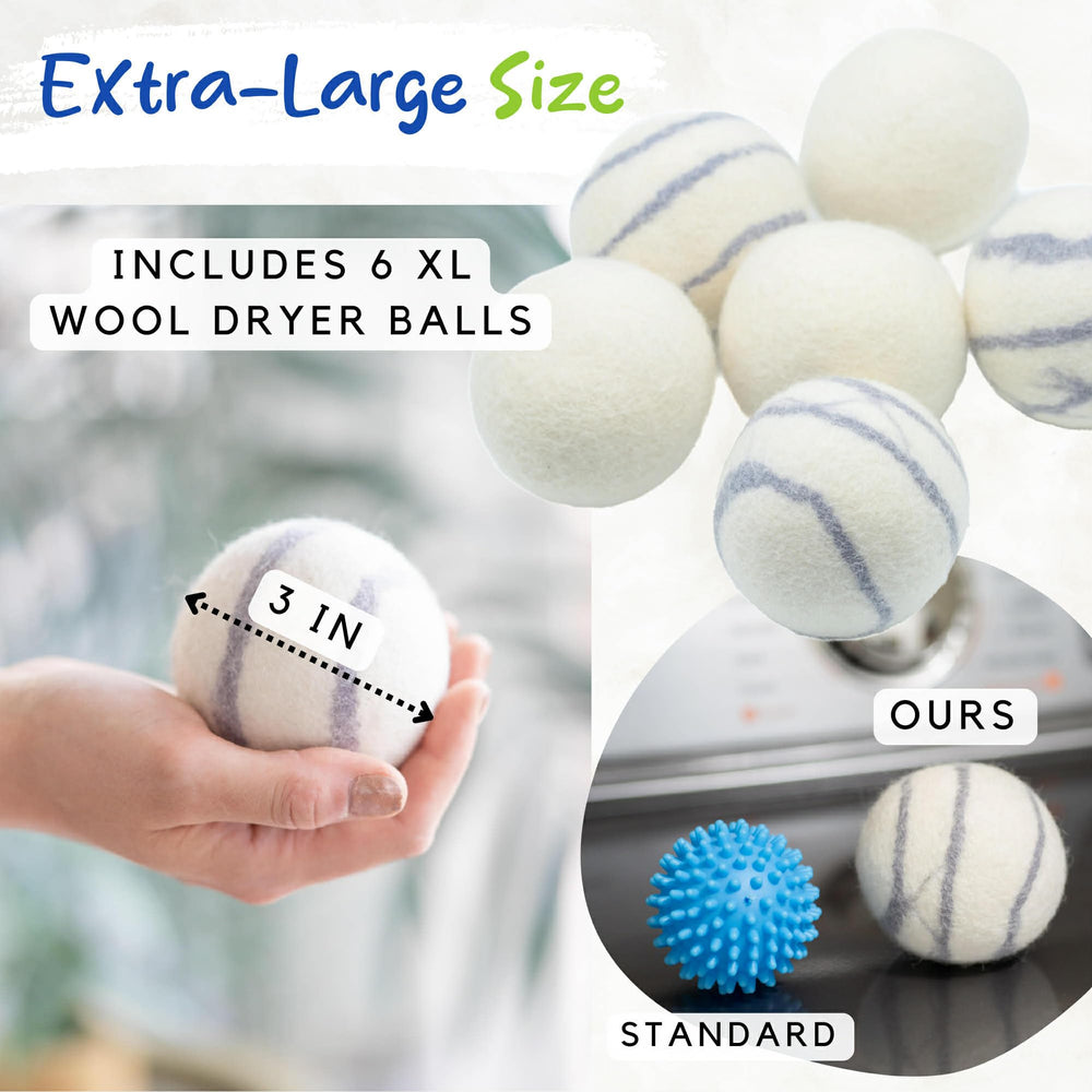 Bloom & Bright dryer ball in hand showing XL size and easy handling benefit