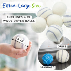 Bloom & Bright dryer ball in hand showing XL size and easy handling benefit