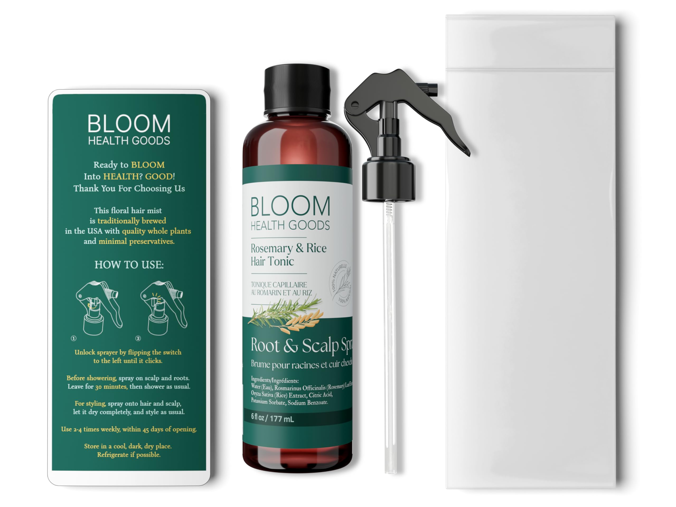 Bloom Health Goods misting spray in hand demonstrating lightweight application