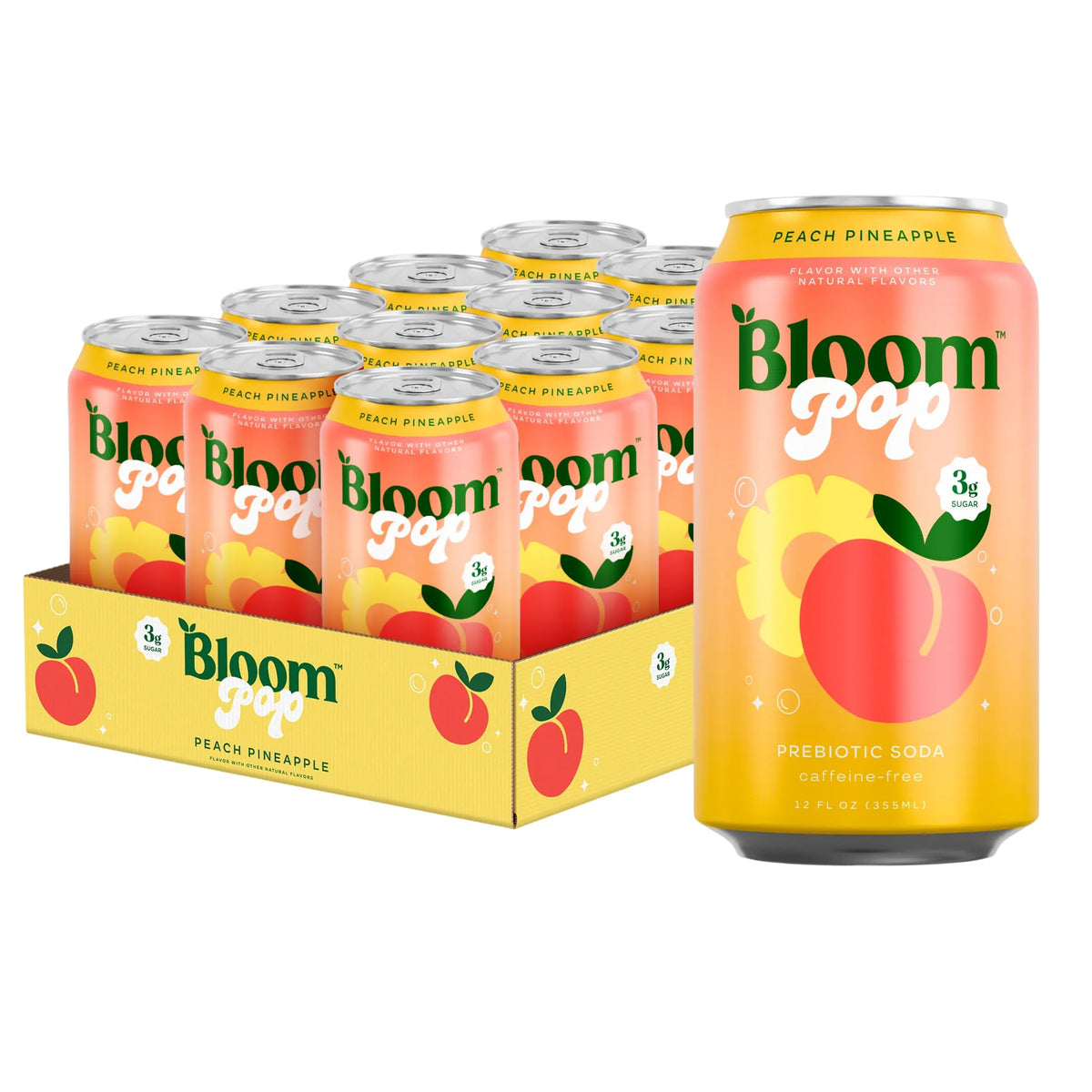 Bloom Nutrition front packaging showing Peach Pineapple 12-pack and benefits