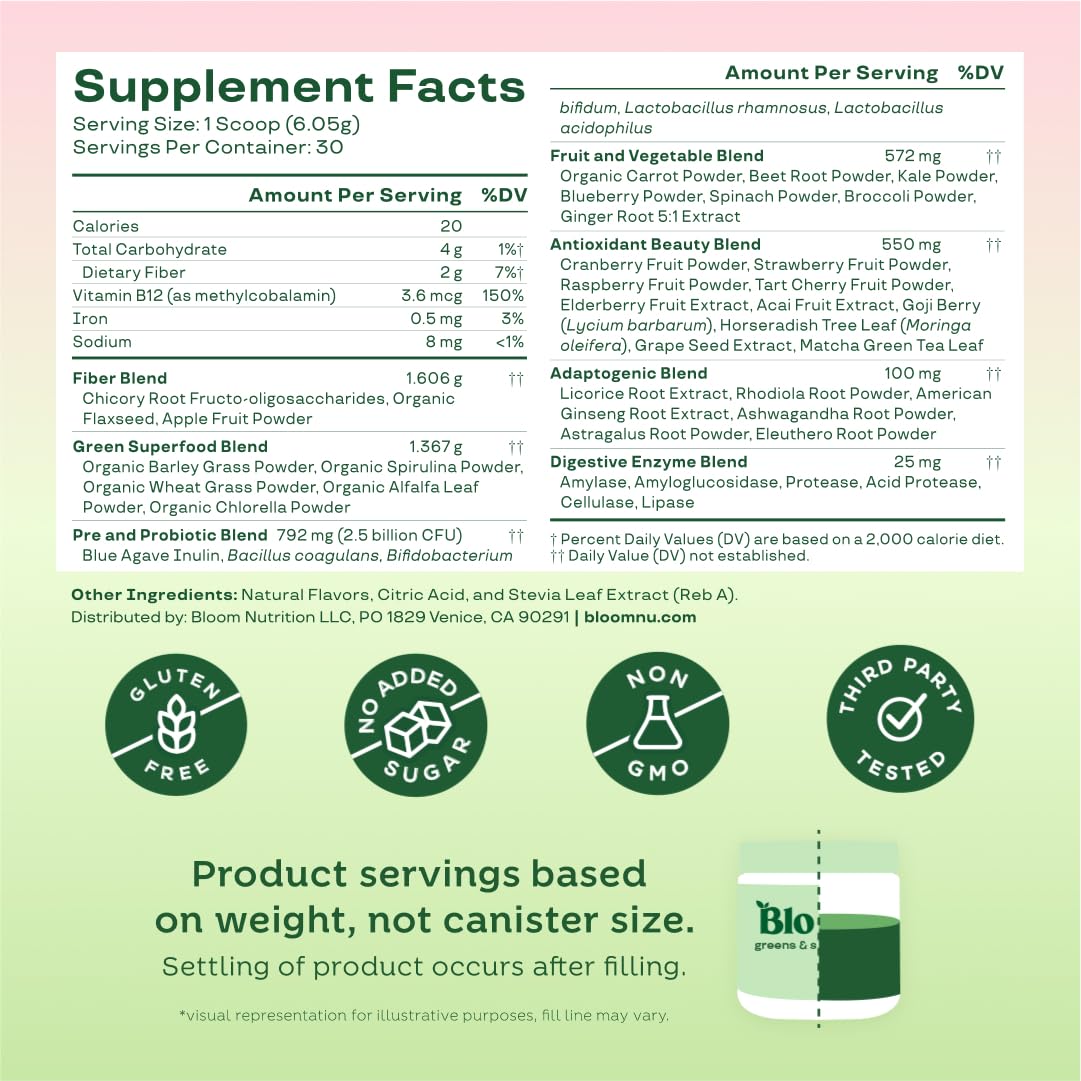 Bloom Nutrition scoop next to a teaspoon showing scale and 30-servings per container