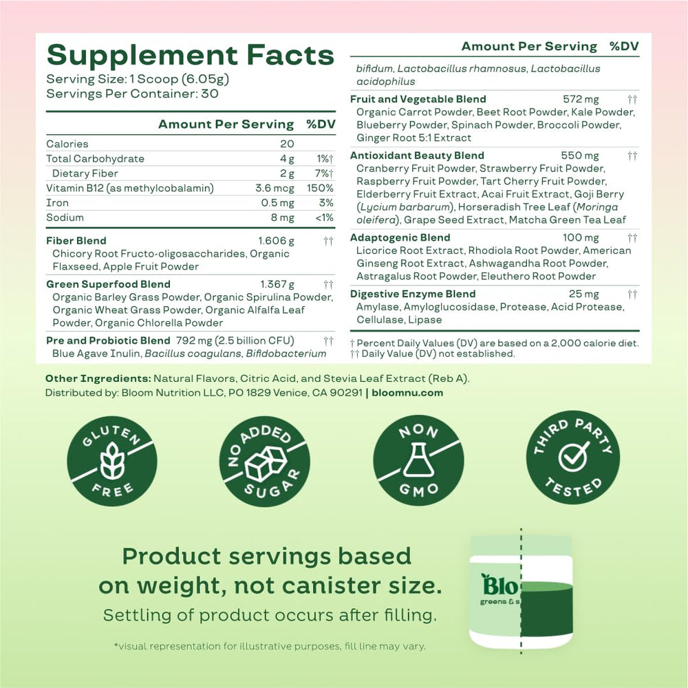 Bloom Nutrition scoop next to a teaspoon showing scale and 30-servings per container