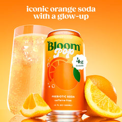 Bloom Nutrition Bloom Pop poured into glass emphasizing effervescence and clean orange flavor experience