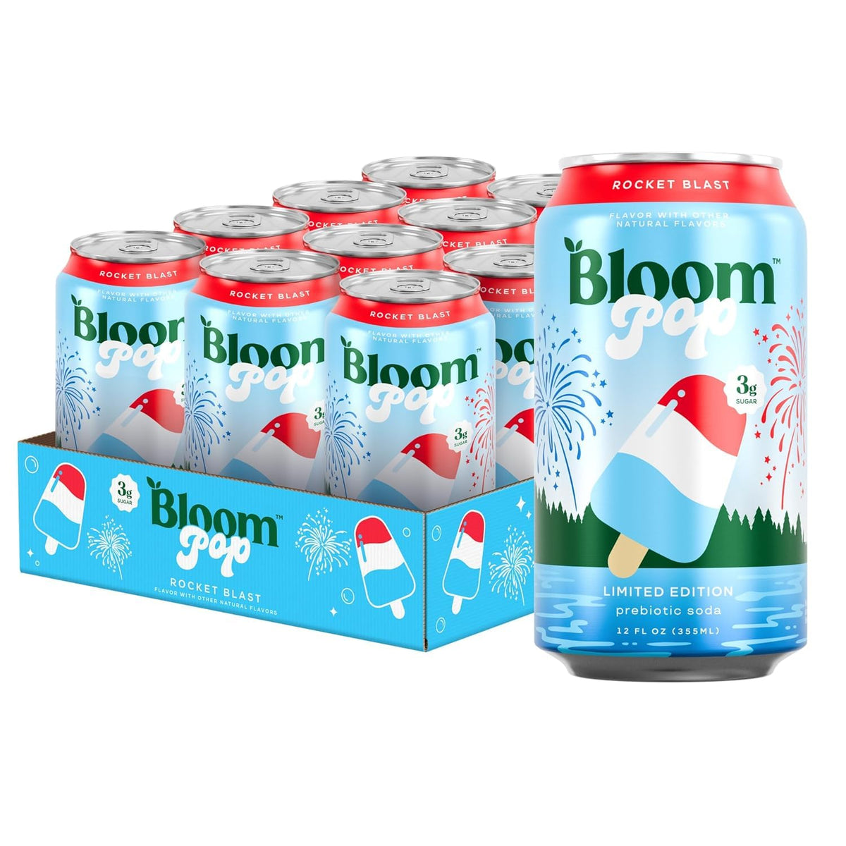 Bloom Nutrition Rocket Blast front can showing bright label and refreshment