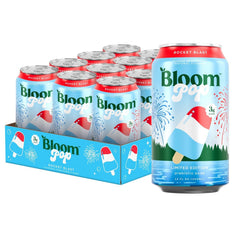 Bloom Nutrition Rocket Blast front can showing bright label and refreshment