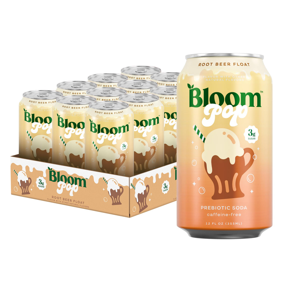 Bloom Nutrition can front view showing rootbeer float label and refreshing benefit