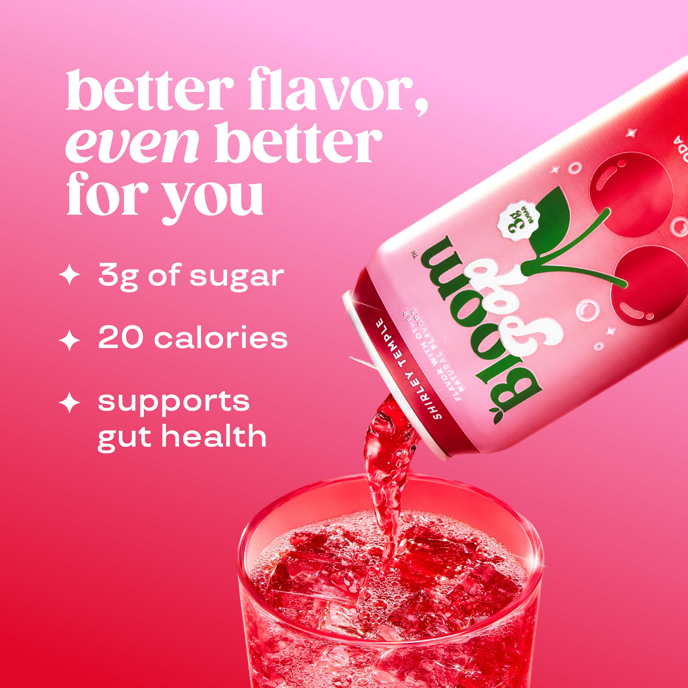 Bloom Nutrition pouring Shirley Temple soda into glass with visible bubbles and refreshment