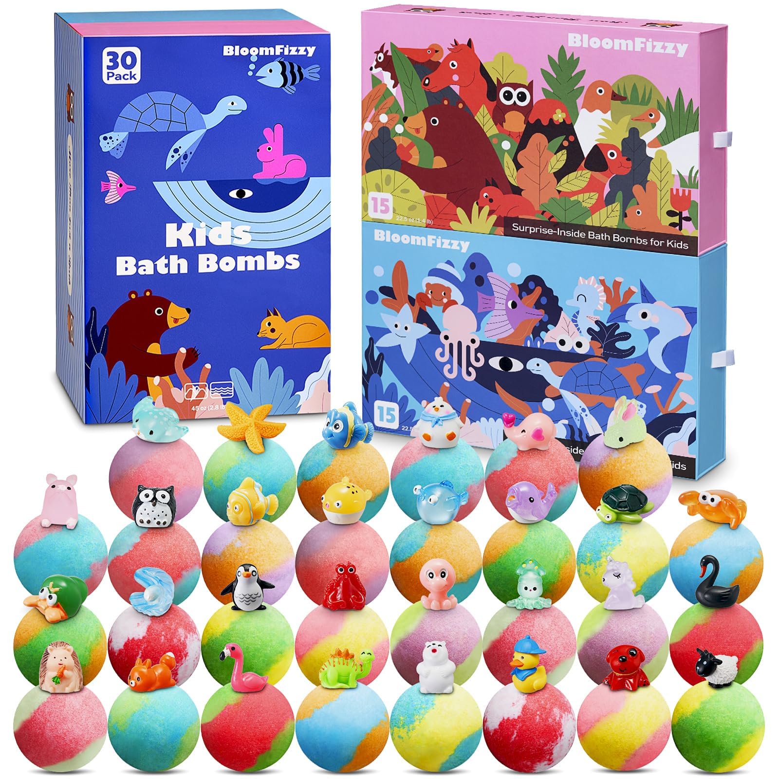 BloomFizzy front packaging showing dual-themed land and sea boxes and colorful bombs benefits playful gifting
