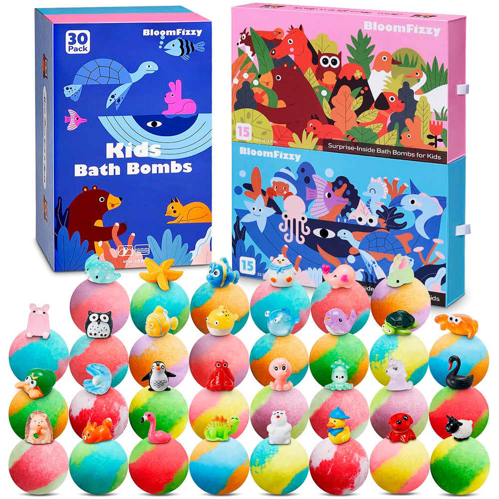 BloomFizzy front packaging showing dual-themed land and sea boxes and colorful bombs benefits playful gifting