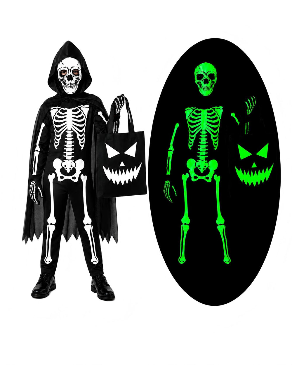 Bloremed front view of glow-in-the-dark skeleton jumpsuit showing full bone print and fit