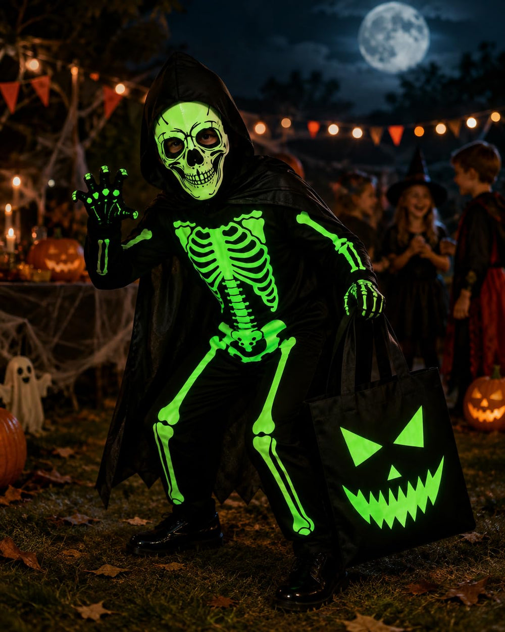 Bloremed child wearing the costume trick-or-treating at night demonstrating nighttime visibility