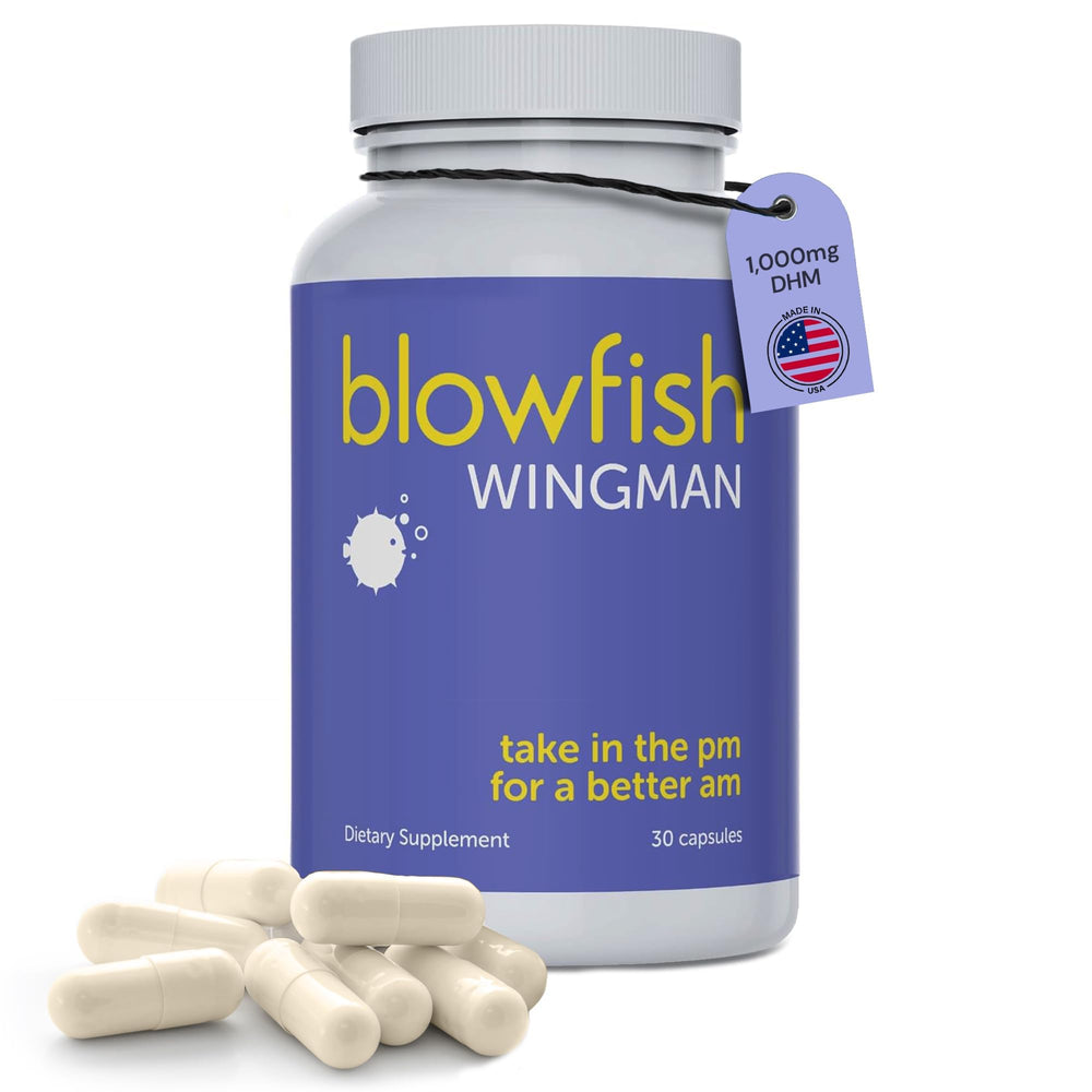 Blowfish Wingman front packaging showing supplement sachets and key benefits
