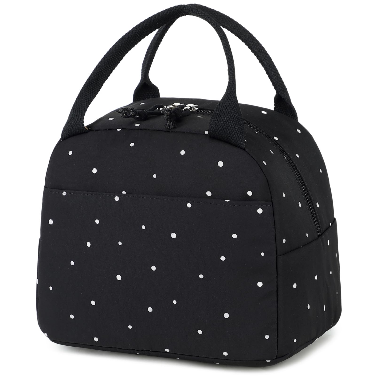 Bluboon lunch box front view showing polka dot black exterior and neat carry benefit