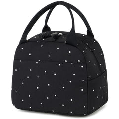 Bluboon lunch box front view showing polka dot black exterior and neat carry benefit