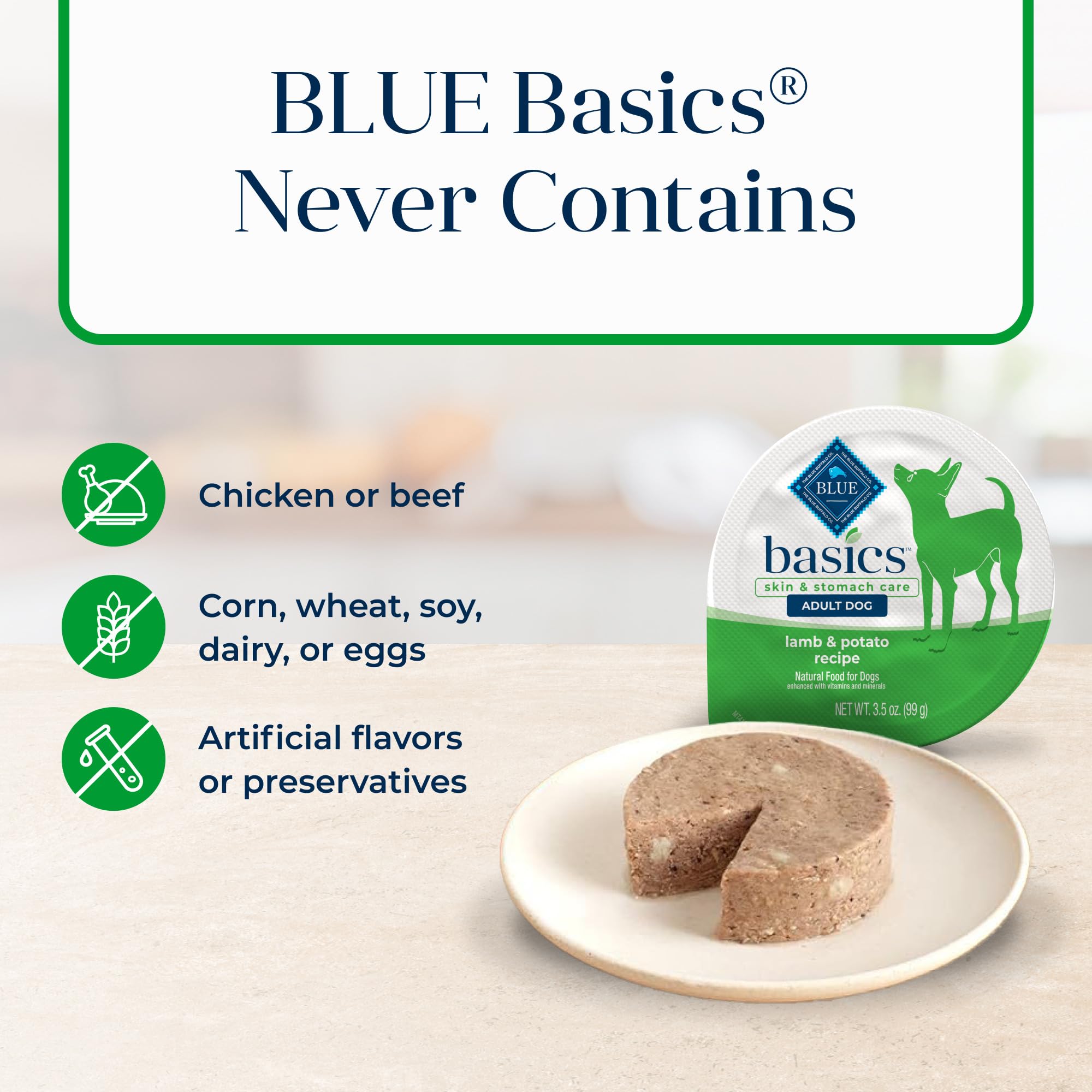 Blue Buffalo basics 3.5 oz cup in hand showing small-breed portion size