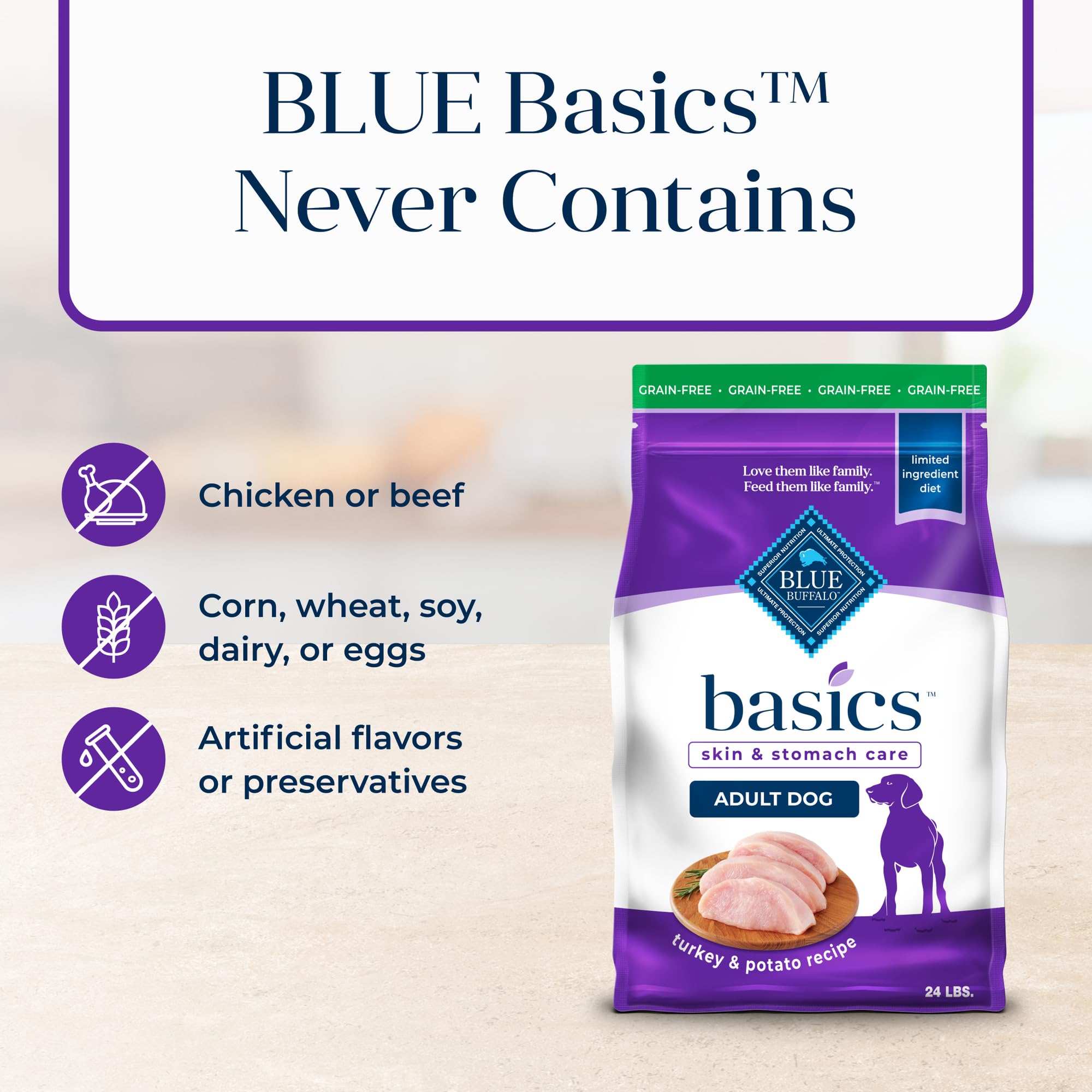 24-pound bag next to household items for Blue Buffalo size comparison