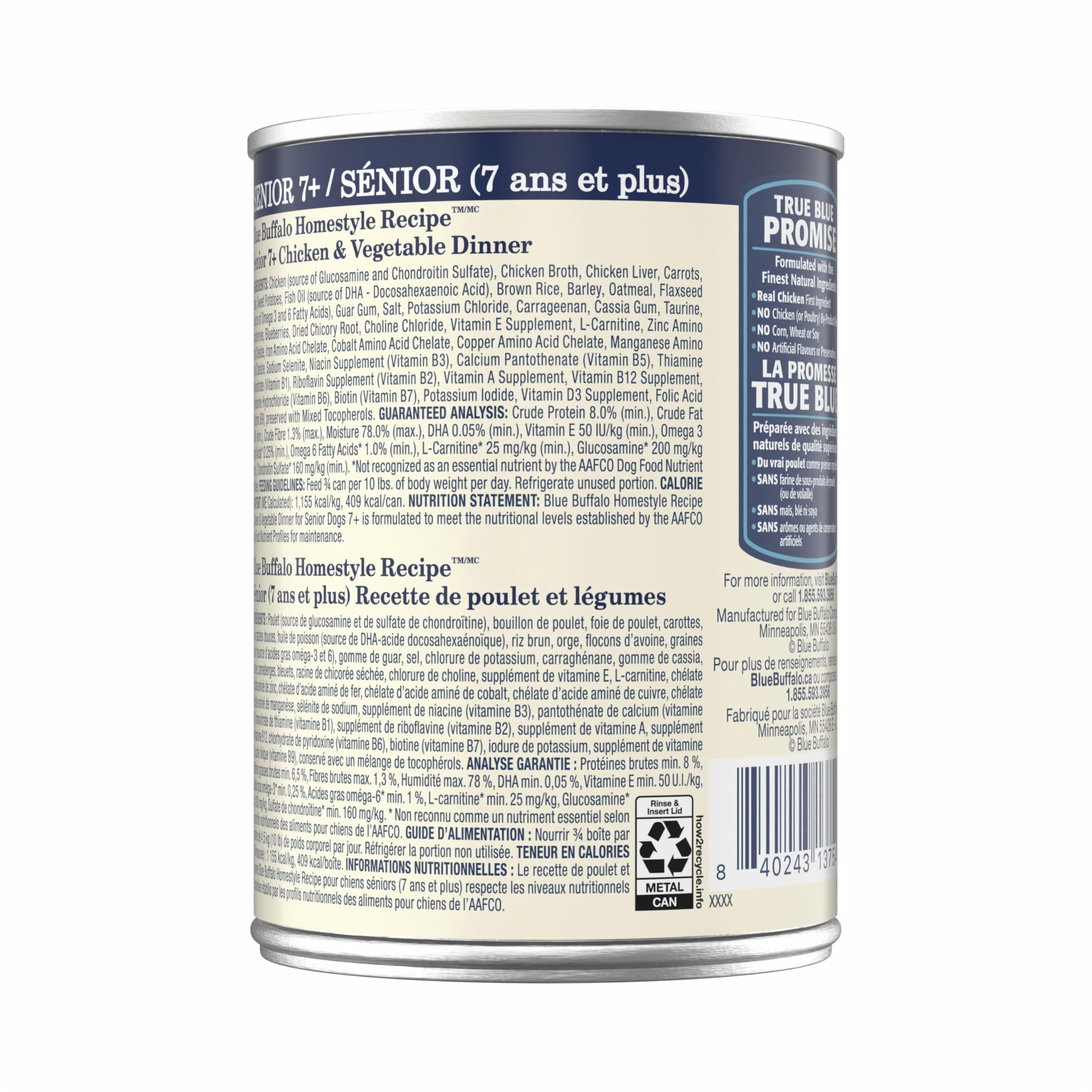 Blue Buffalo can top label clearly showing chicken-first ingredient and net weight