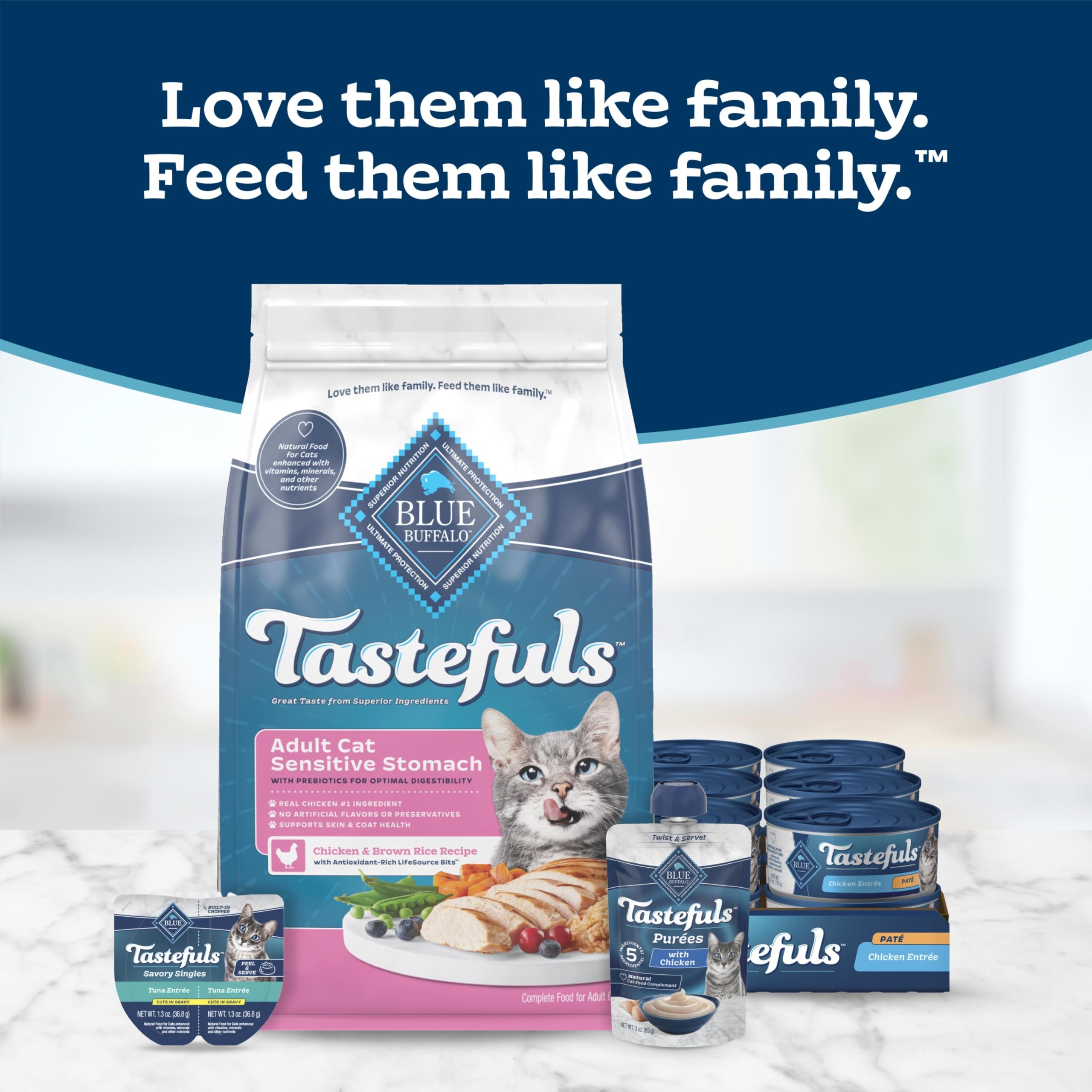 Blue Buffalo cat eating kibble in home setting demonstrating acceptance