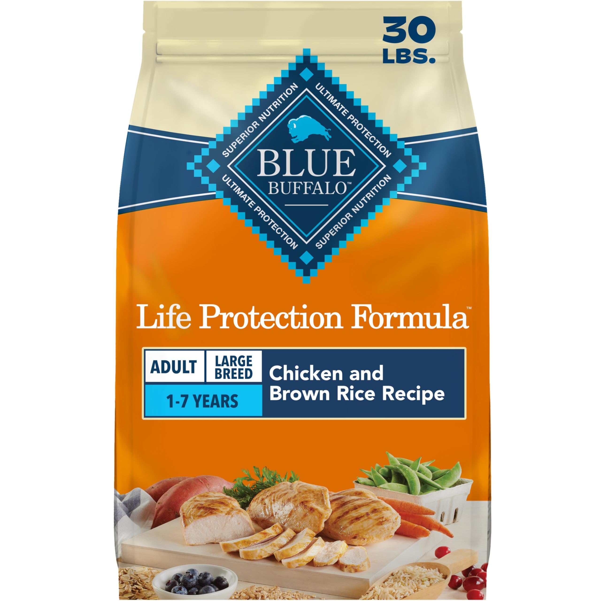 Blue Buffalo front packaging 30 lb showing product identity and benefits