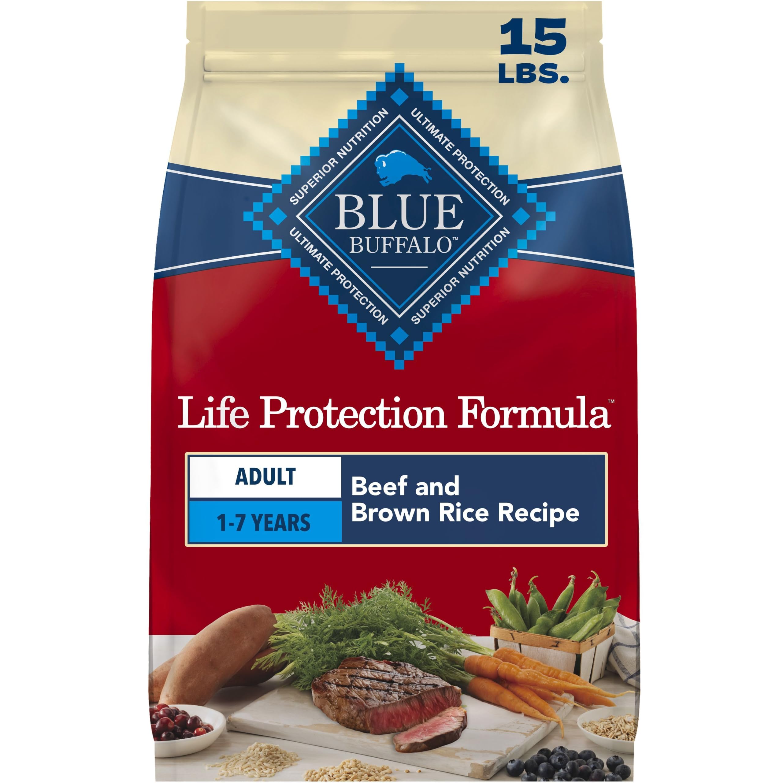 Blue Buffalo front packaging showing beef formula benefits