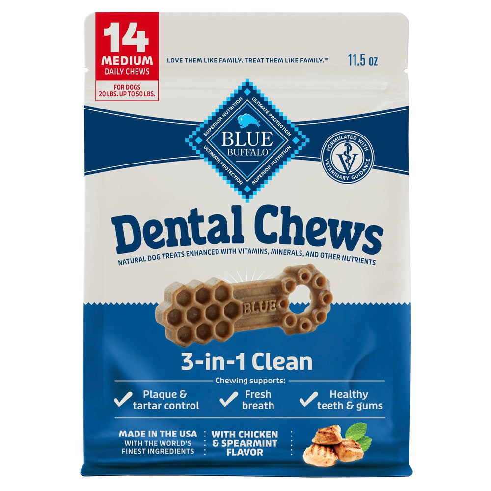 Blue Buffalo front packaging shows medium dental chews and benefits