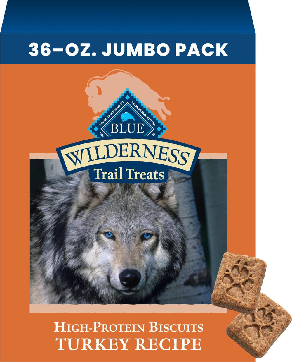Blue Buffalo front packaging showing Trail Treats turkey and benefits