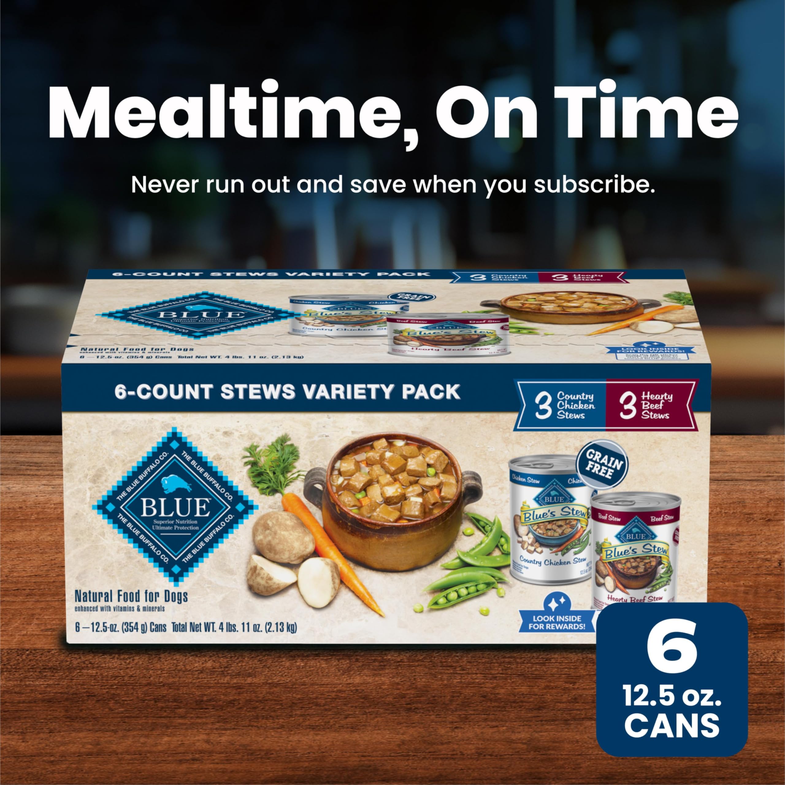 Blue Buffalo lifestyle pantry scene with cans stacked for easy meal planning