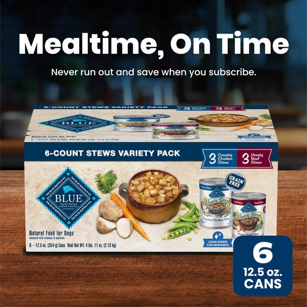 Blue Buffalo lifestyle pantry scene with cans stacked for easy meal planning