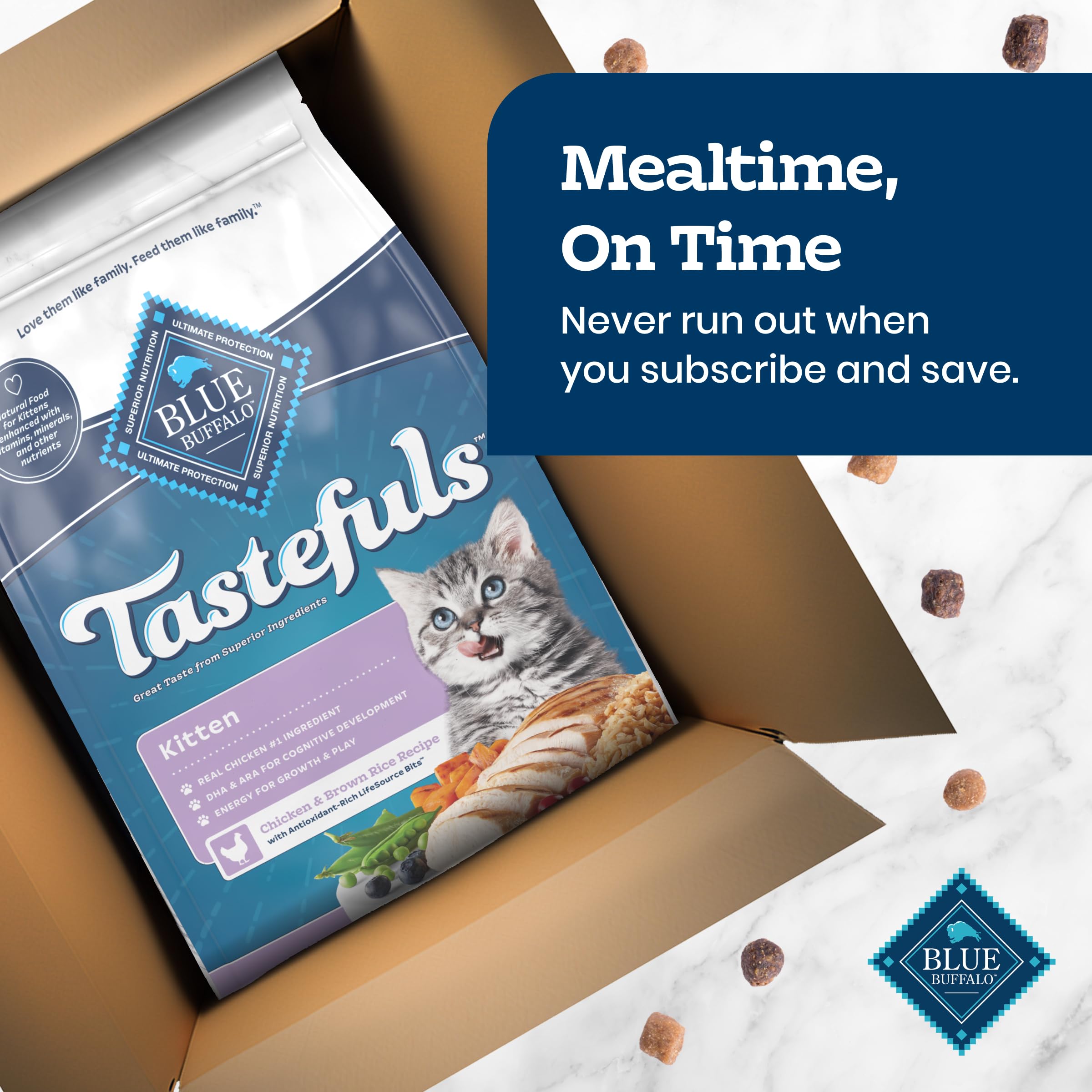 Blue Buffalo bag on kitchen counter with feeding bowl in lifestyle context