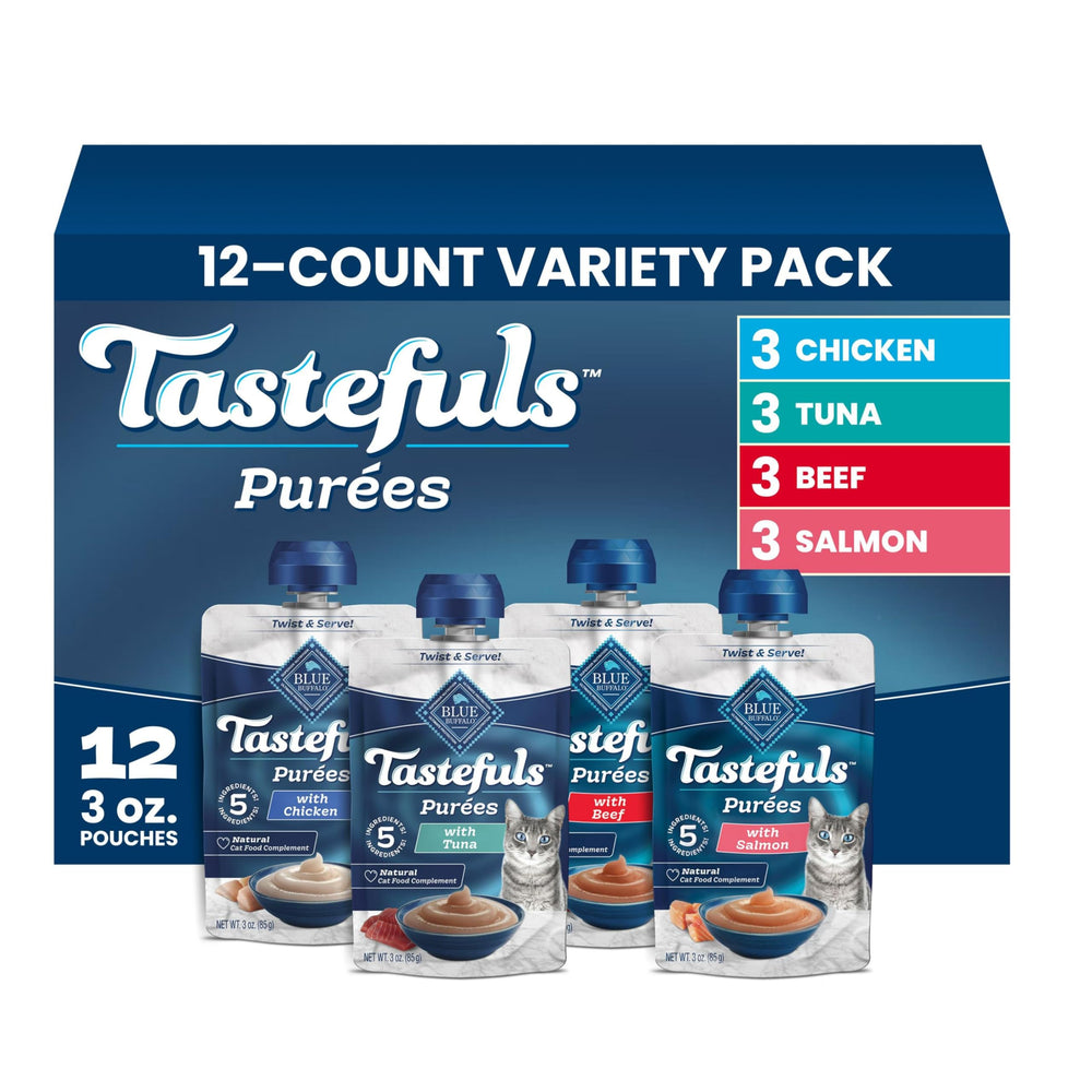 Blue Buffalo front packaging showing pouches and brand, highlights convenience