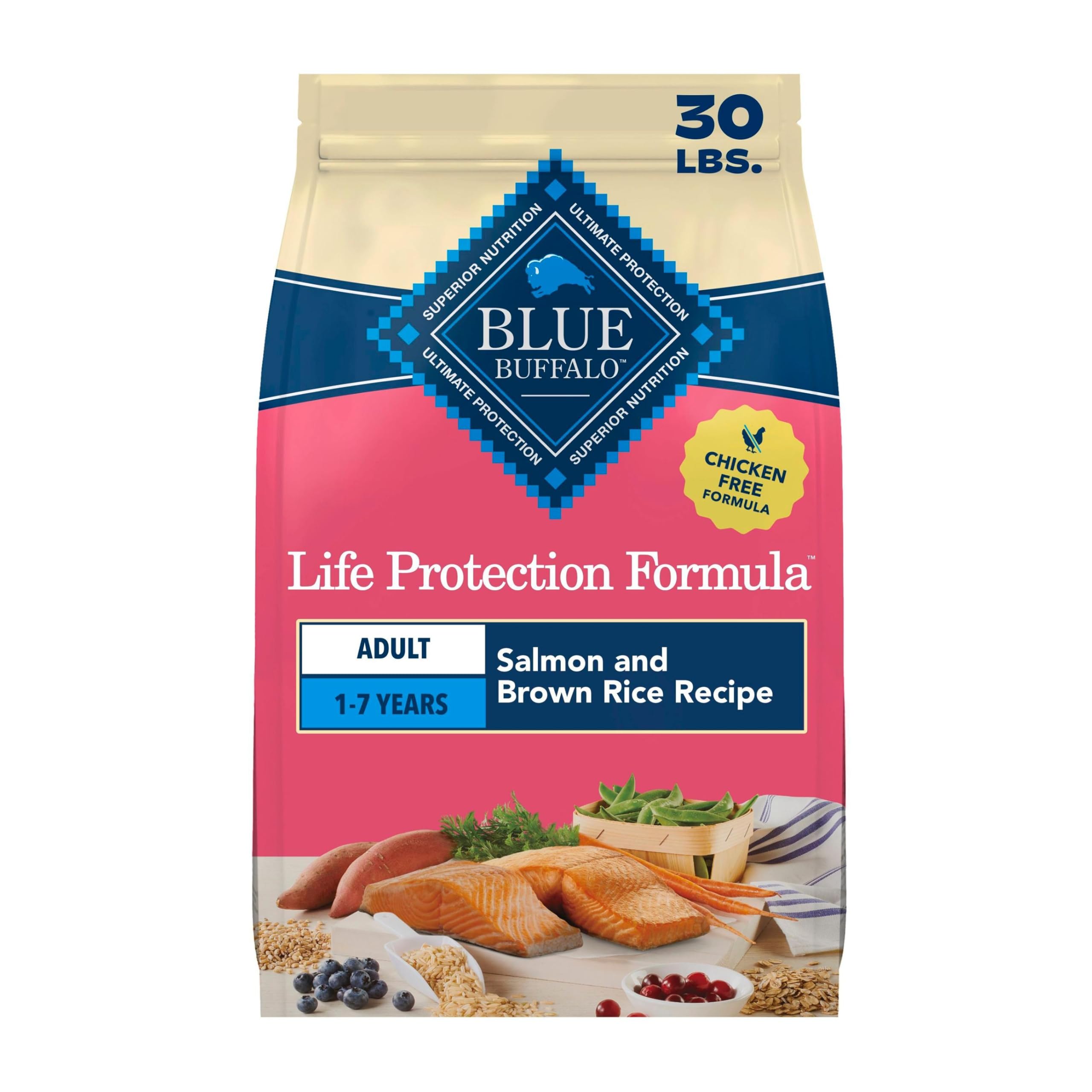 Blue Buffalo front packaging showing salmon-first recipe benefit