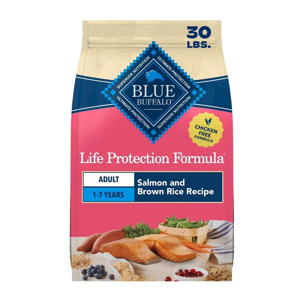 Blue Buffalo front packaging showing salmon-first recipe benefit