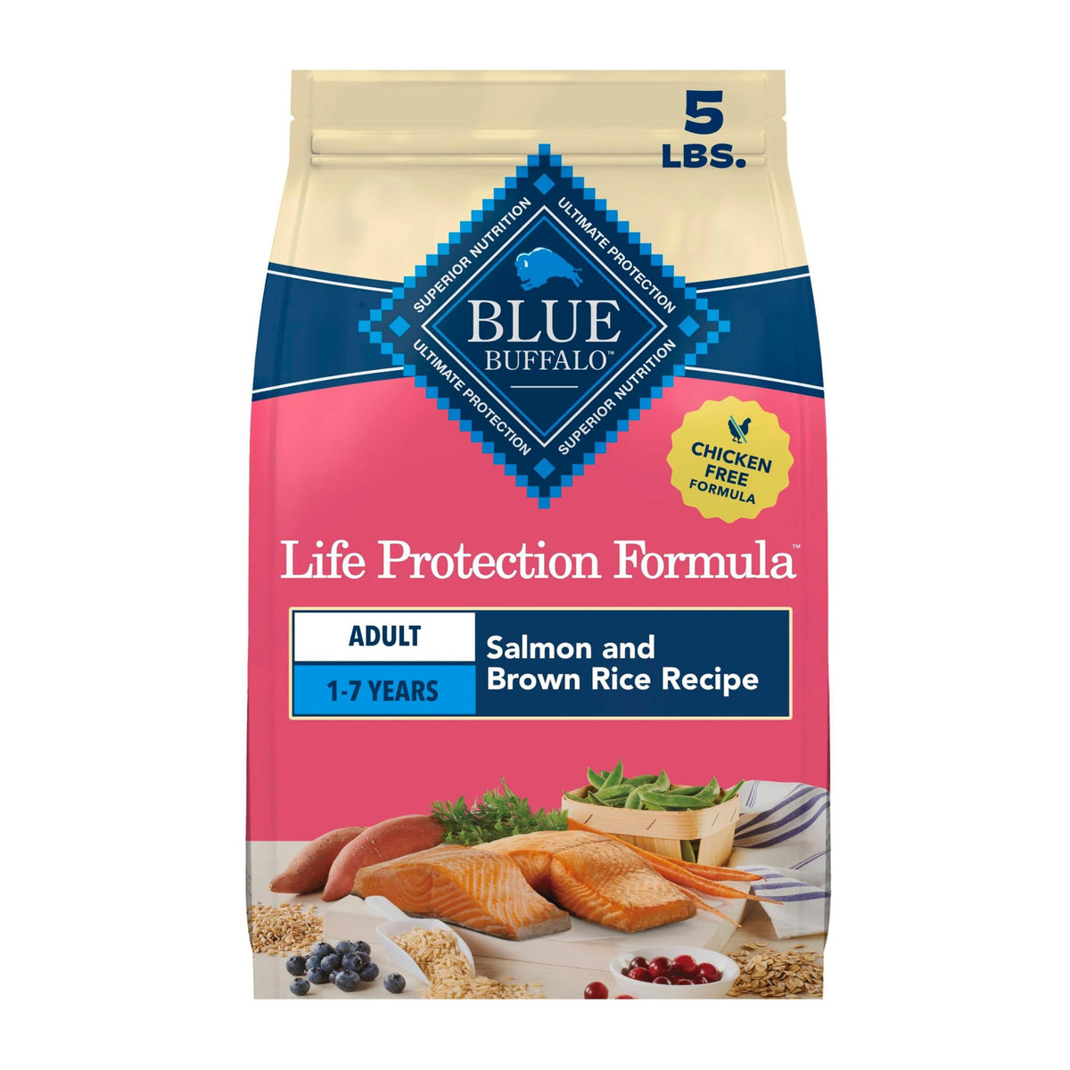 Blue Buffalo front package showing salmon recipe and branding benefits