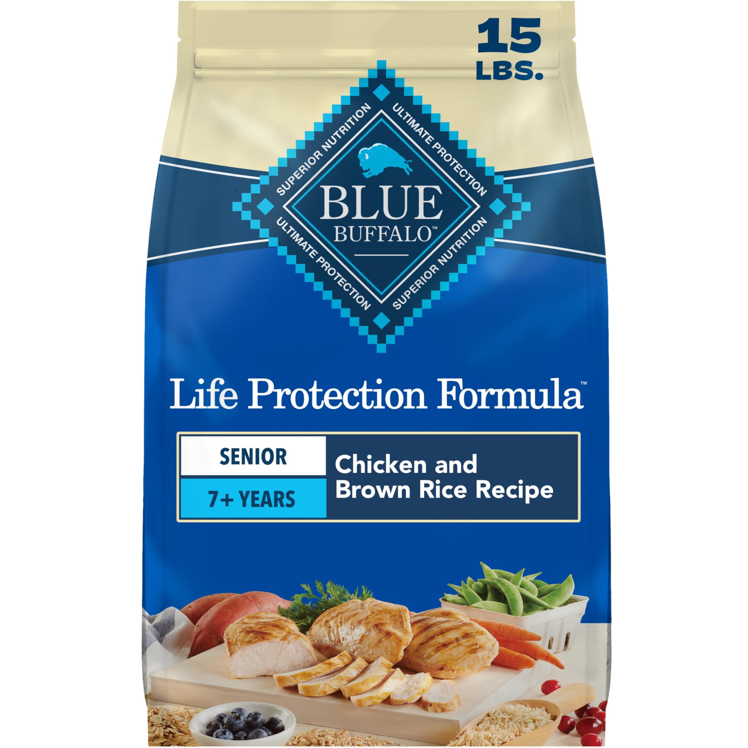Blue Buffalo front bag view showing senior formula and benefits